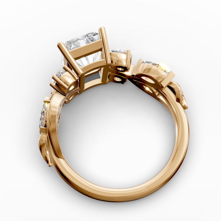radiant diamond nature-inspired engagement ring with pear and marquise accents shown from multiple angles