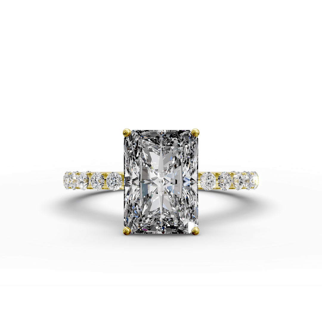 Radiant diamond pavé engagement ring with elongated center stone displayed from multiple angles.