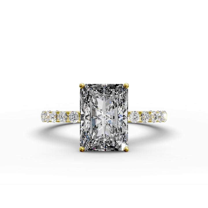 Radiant diamond pavé engagement ring with elongated center stone displayed from multiple angles.