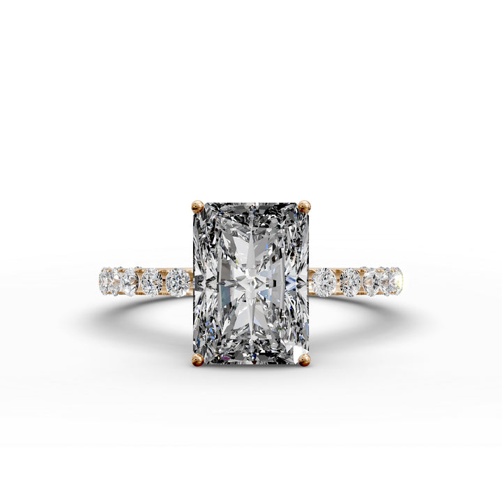 Radiant diamond pavé engagement ring with elongated center stone displayed from multiple angles.