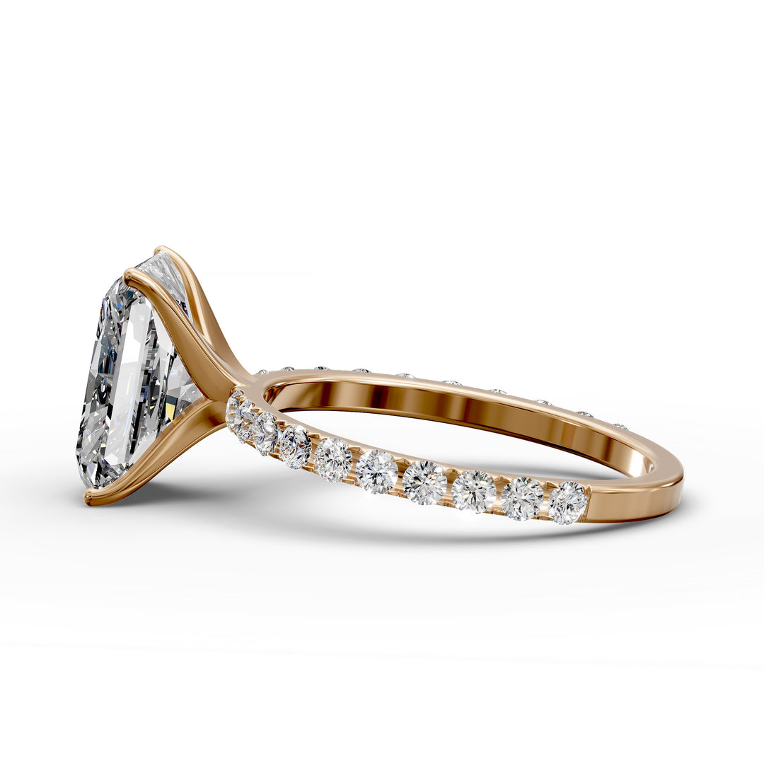 Radiant diamond pavé engagement ring with elongated center stone displayed from multiple angles.