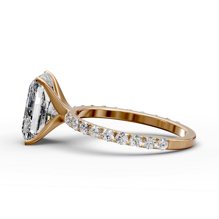 Radiant diamond pavé engagement ring with elongated center stone displayed from multiple angles.