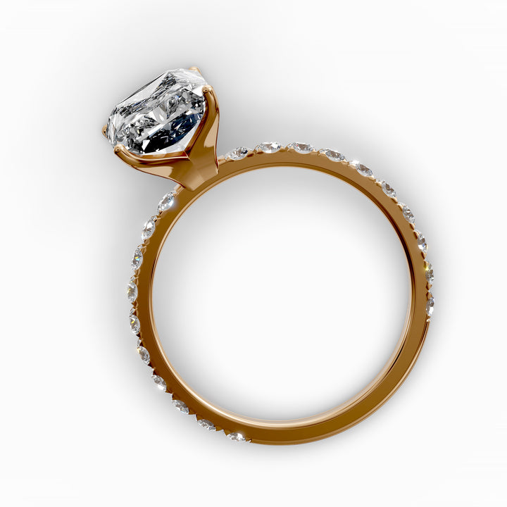 Radiant diamond pavé engagement ring with elongated center stone displayed from multiple angles.