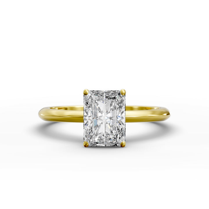 Radiant cut diamond solitaire engagement ring with a classic smooth band shown in display view.