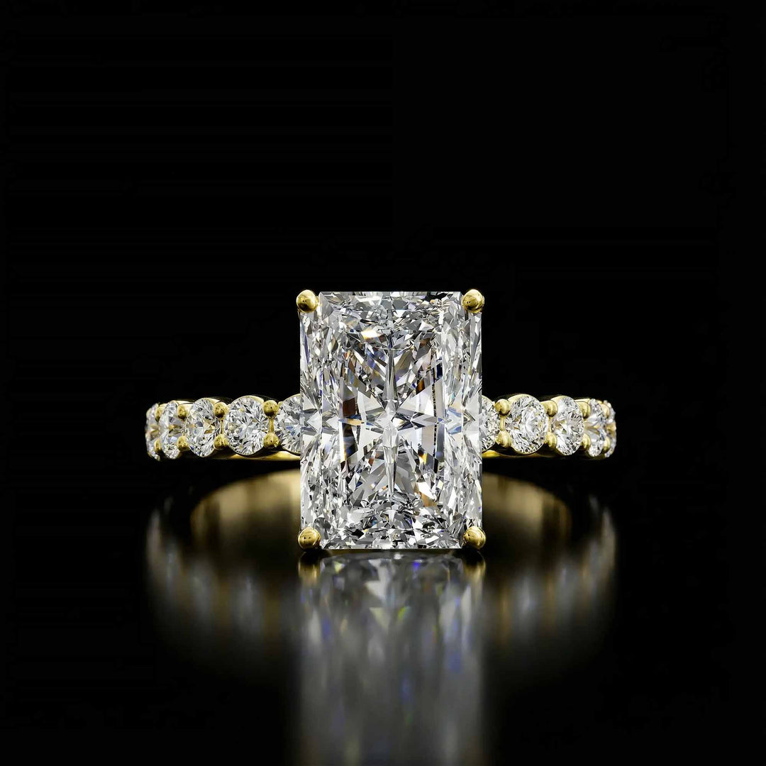 Radiant diamond hidden halo engagement ring with diamonds on band shown in display view.