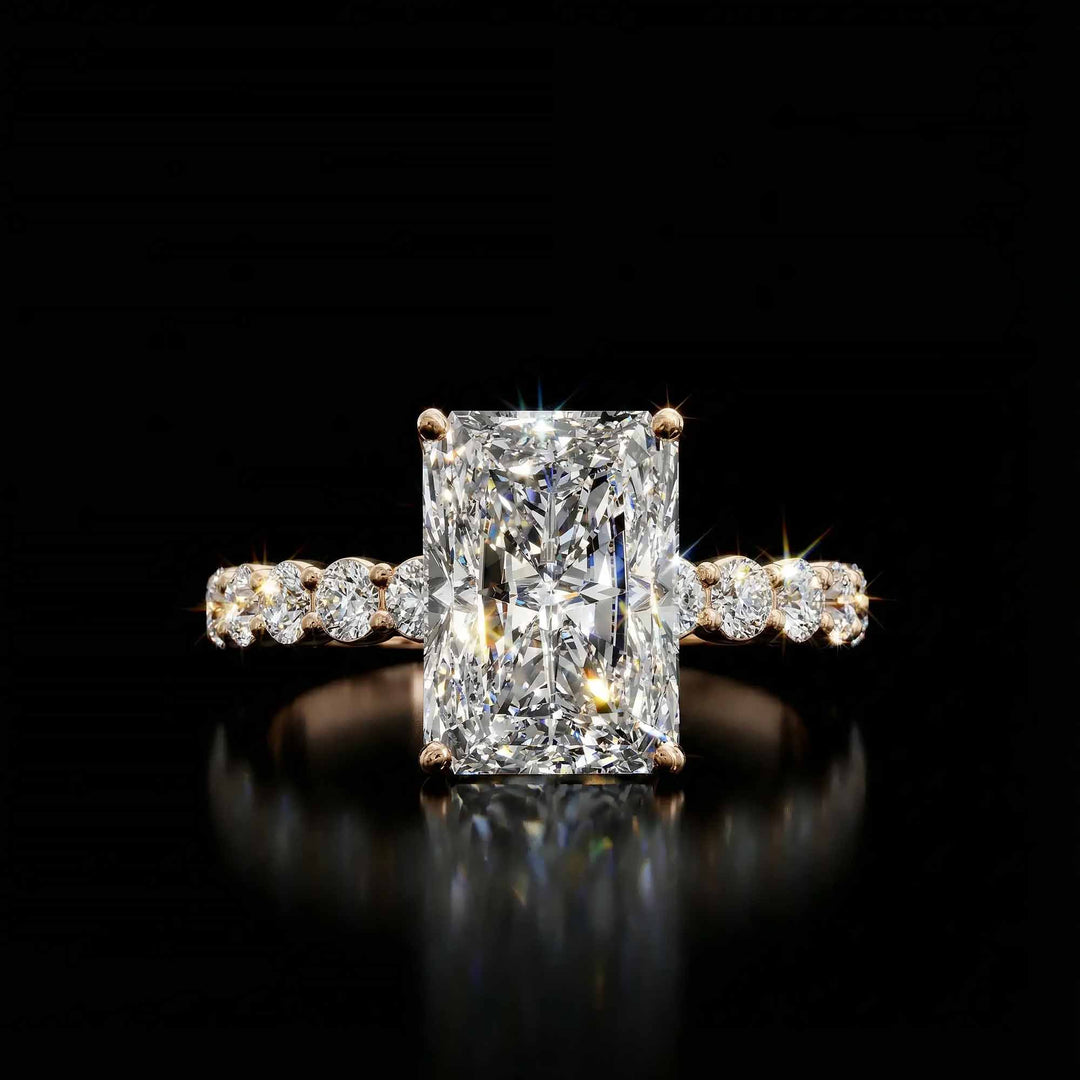 Radiant diamond hidden halo engagement ring with diamonds on band shown in display view.