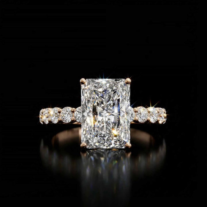 Radiant diamond hidden halo engagement ring with diamonds on band shown in display view.