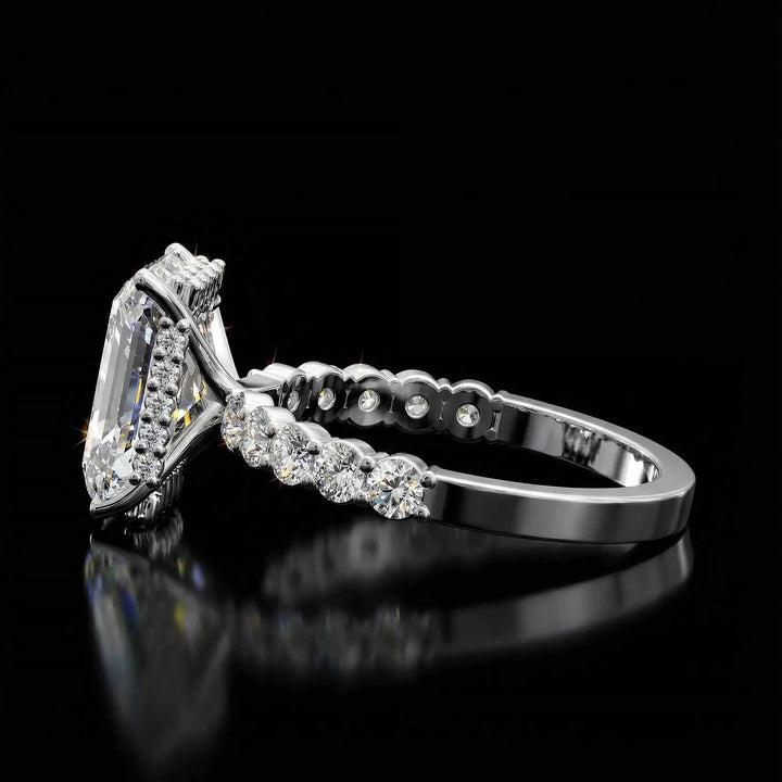 Radiant diamond hidden halo engagement ring with diamonds on band shown in display view.