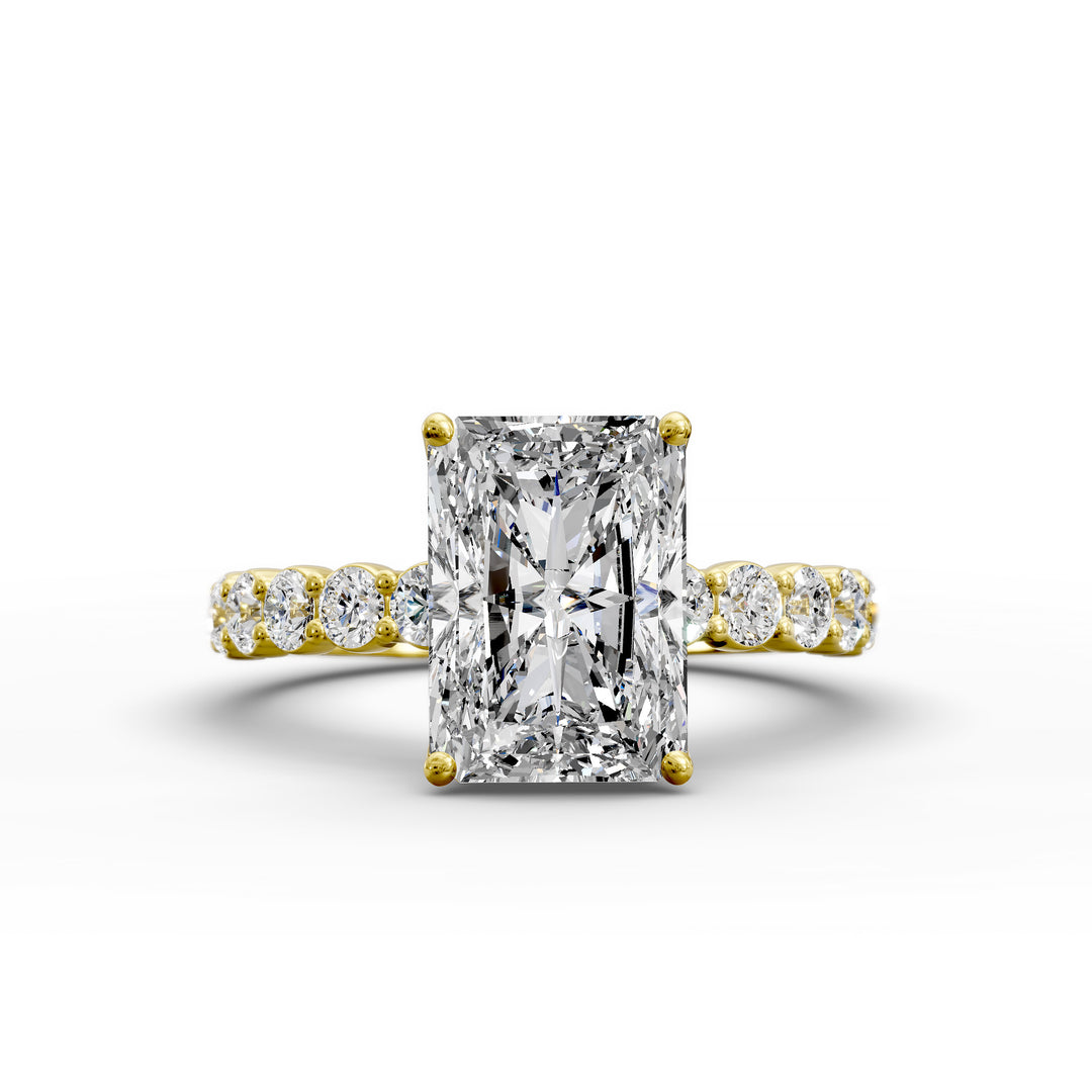 Radiant diamond hidden halo engagement ring with diamonds on band shown in display view.