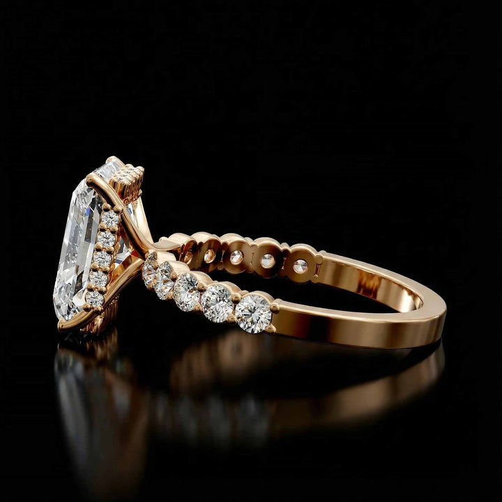 Radiant diamond hidden halo engagement ring with diamonds on band shown in display view.