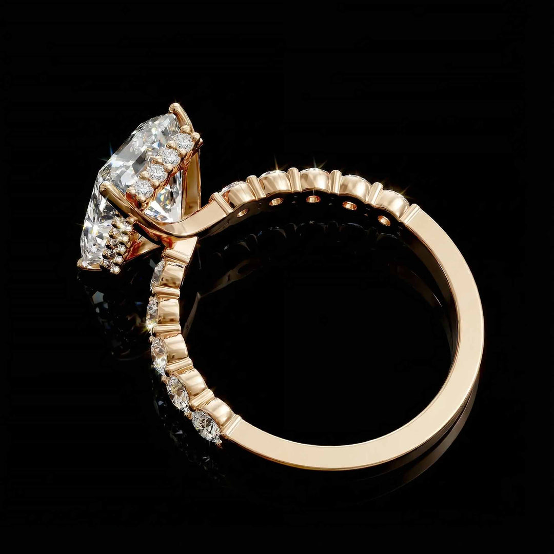 Radiant diamond hidden halo engagement ring with diamonds on band shown in display view.