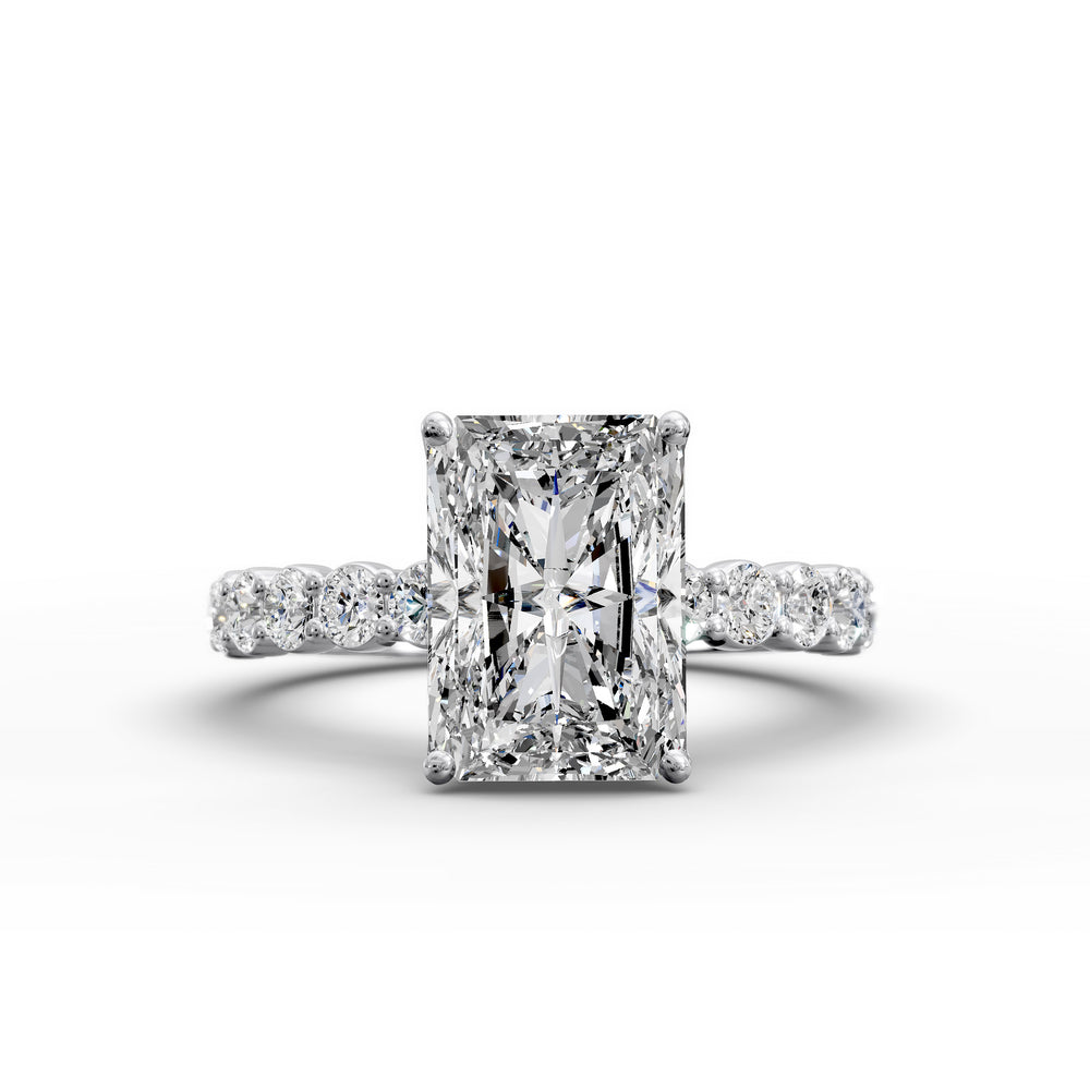Radiant diamond hidden halo engagement ring with diamonds on band shown in display view.