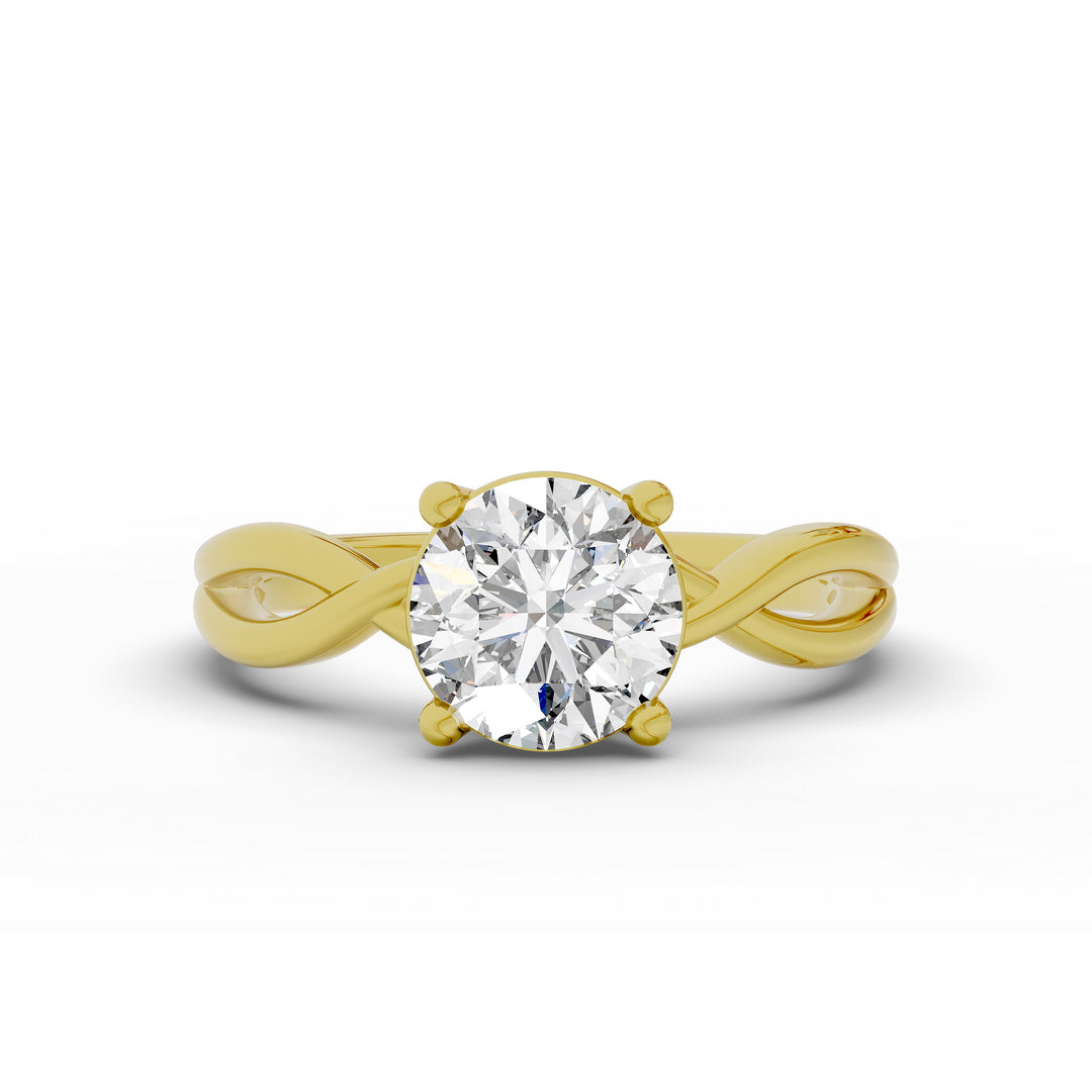 Round diamond engagement ring with infinity twist band front view.