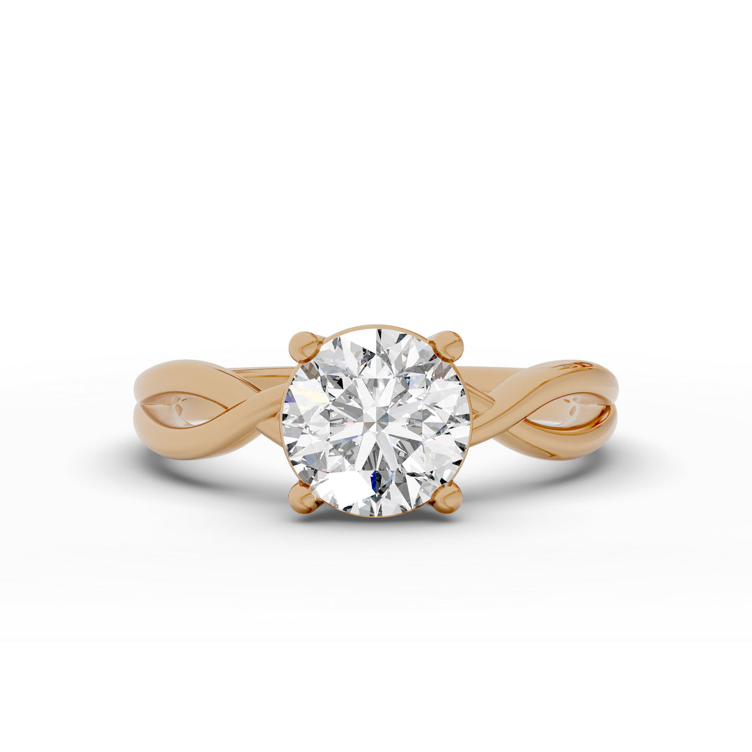Round diamond engagement ring with infinity twist band front view.