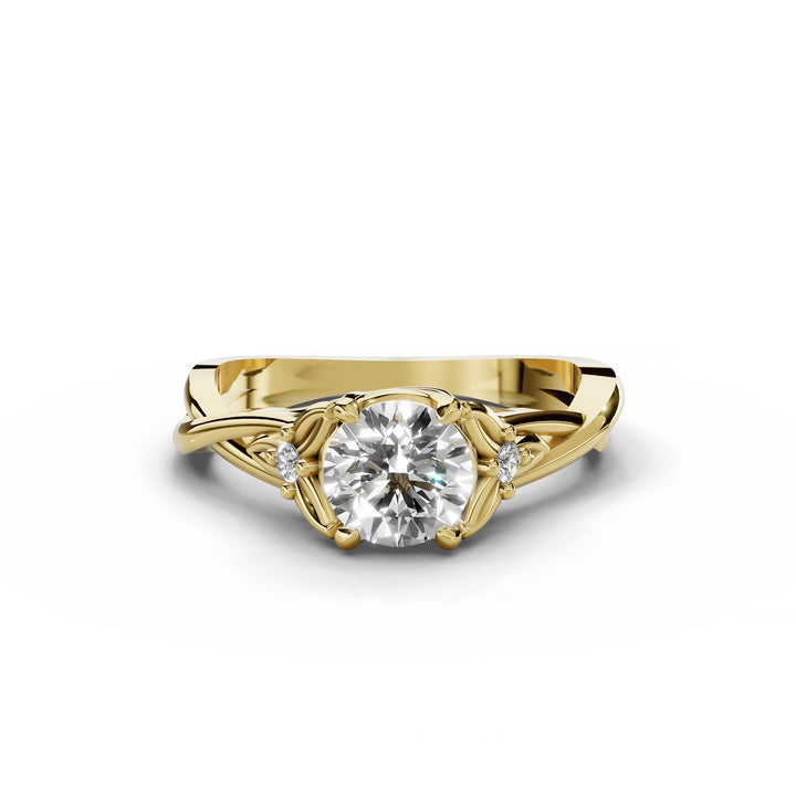 Round diamond nature-inspired split band engagement ring shown from multiple angles.