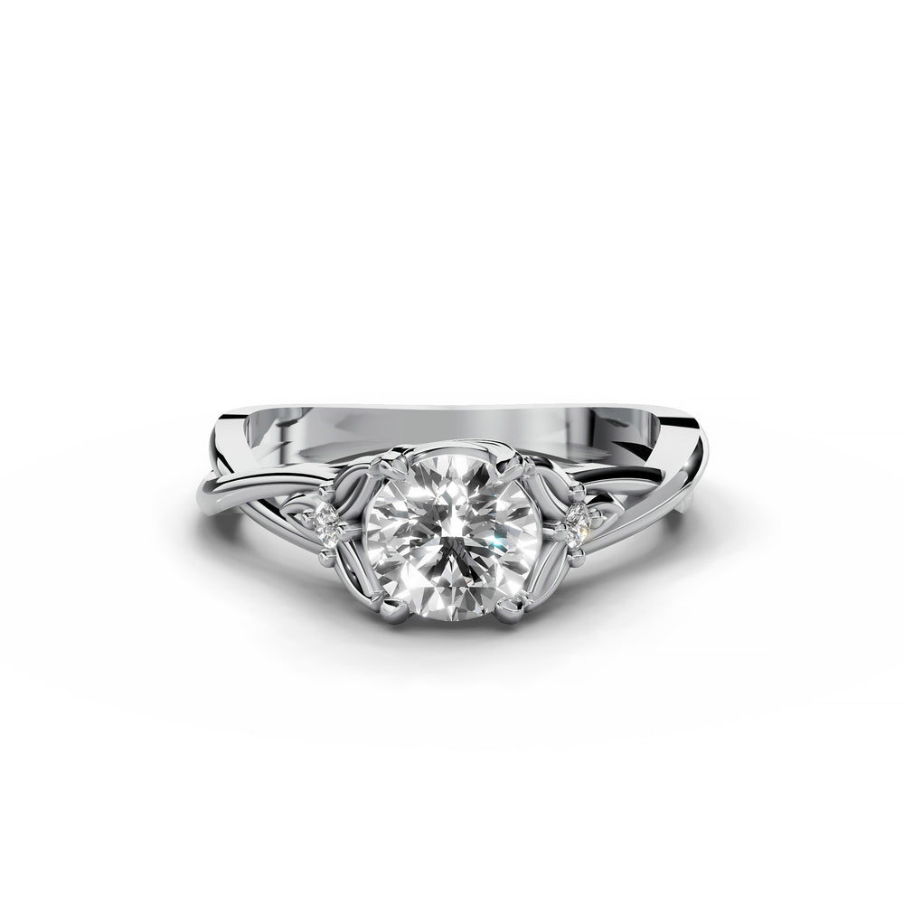 Round diamond nature-inspired split band engagement ring shown from multiple angles.