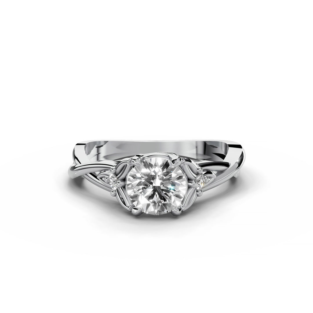 Round diamond nature-inspired split band engagement ring shown from multiple angles.