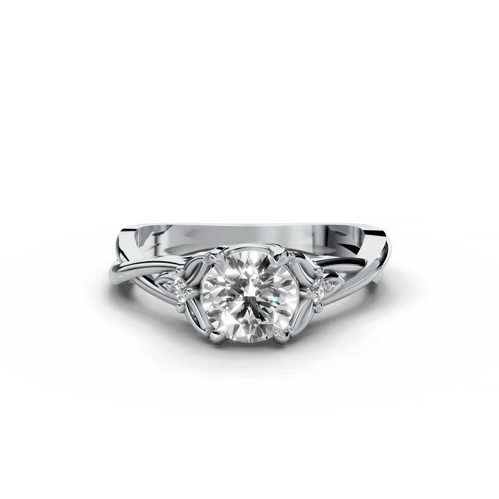 Round diamond nature-inspired split band engagement ring shown from multiple angles.