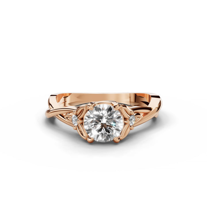 Round diamond nature-inspired split band engagement ring shown from multiple angles.