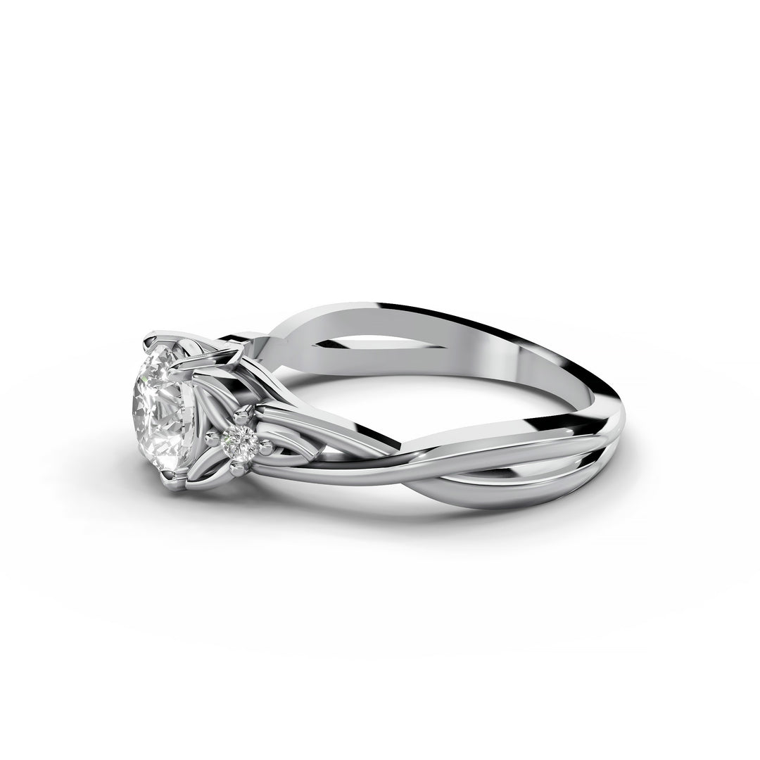 Round diamond nature-inspired split band engagement ring shown from multiple angles.