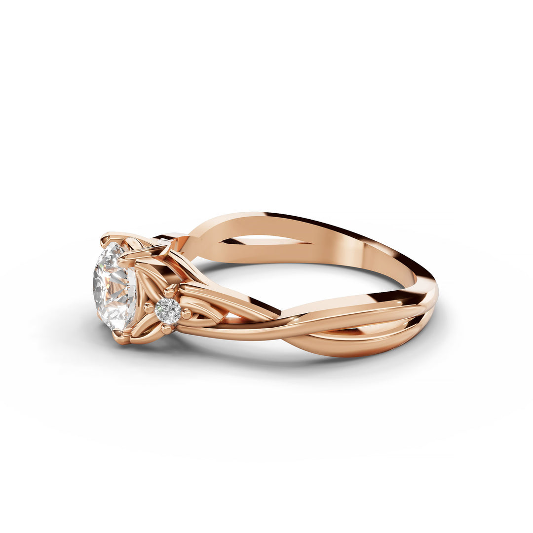 Round diamond nature-inspired split band engagement ring shown from multiple angles.