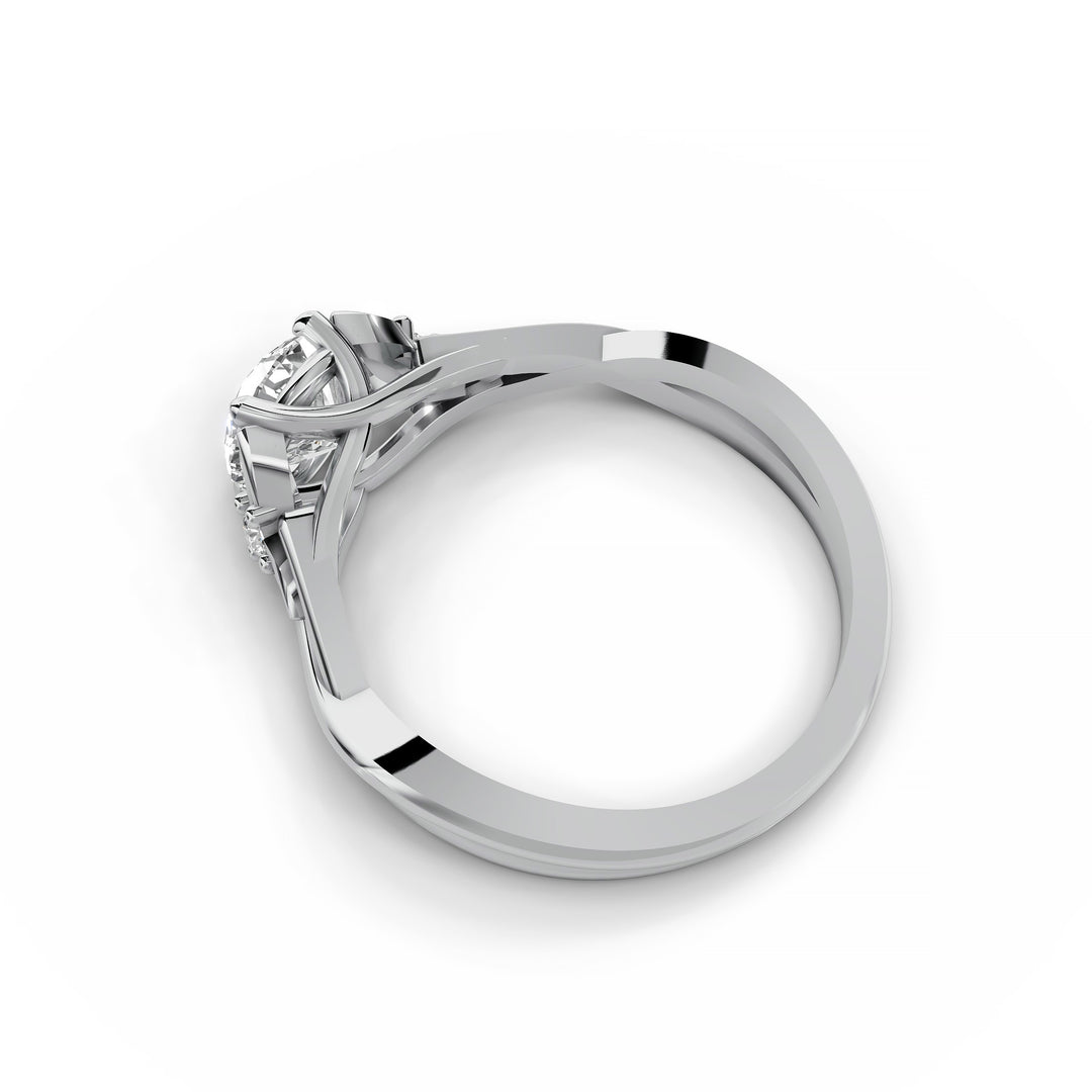 Round diamond nature-inspired split band engagement ring shown from multiple angles.