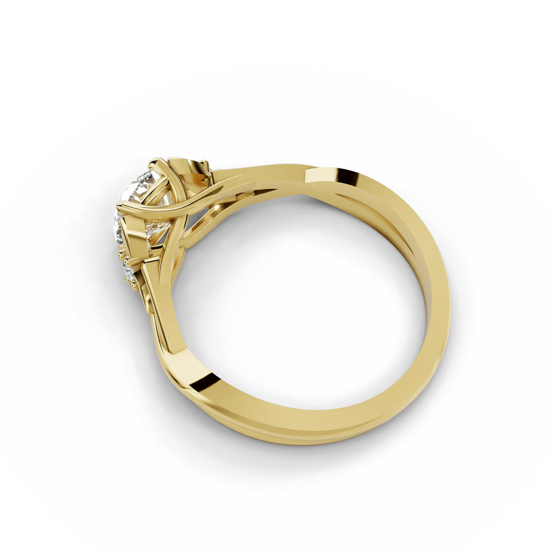 Round diamond nature-inspired split band engagement ring shown from multiple angles.