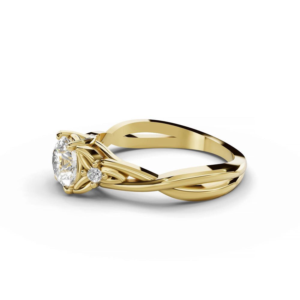 Round diamond engagement ring, split band, yellow gold.