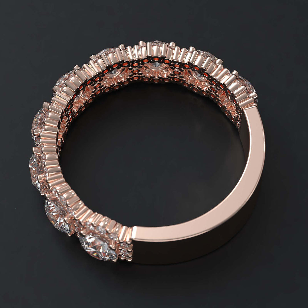 A luxurious diamond band with 9 lab-grown round diamonds surrounded by delicate halos, set in gold or platinum.