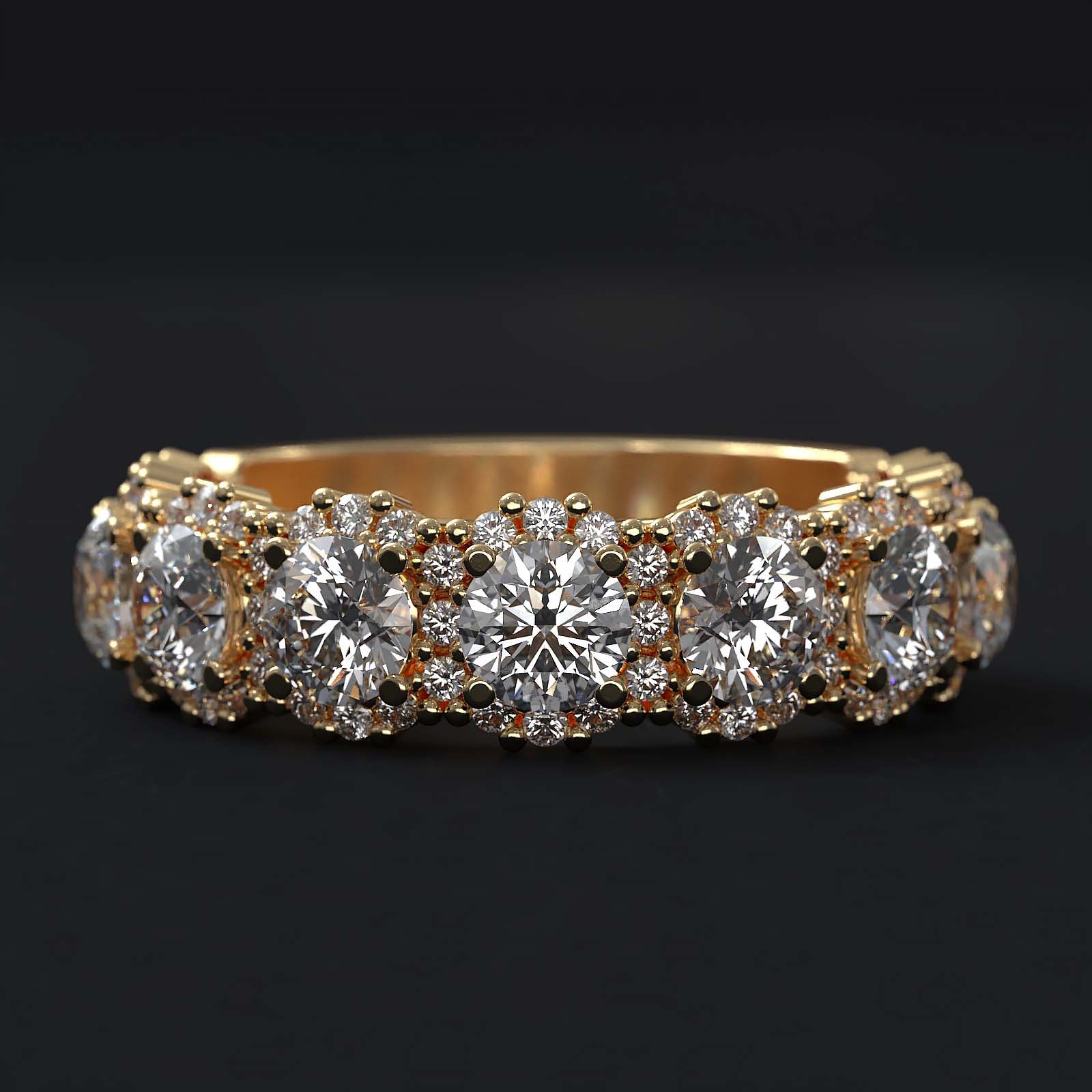 A luxurious diamond band with 9 lab-grown round diamonds surrounded by delicate halos, set in gold or platinum.