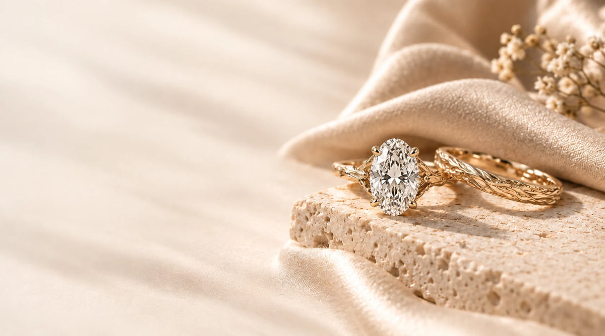 Oval diamond engagement ring and matching engraved botanical gold wedding band — Rudix Jewellery Hamilton