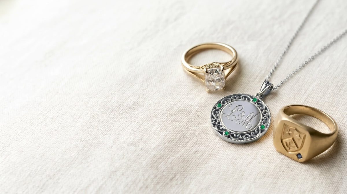 Custom jewellery design — distinctive engagement ring, monogram pendant, and engraved signet on cream linen at Rudix Jewellery Hamilton