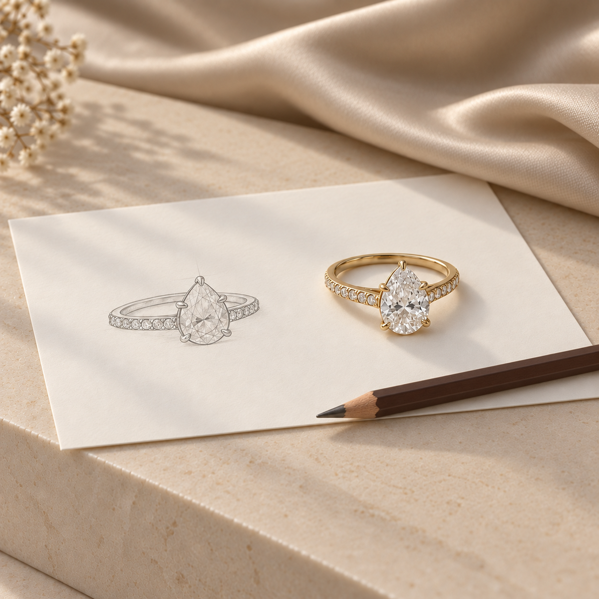 Pear diamond engagement ring on ivory sketch paper with a graphite drawing and dark wooden pencil in soft natural light