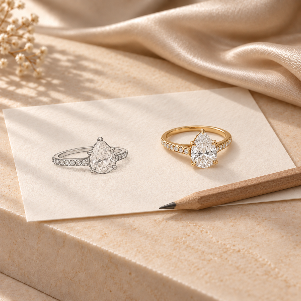 Custom jewellery sketch beside a finished pear diamond ring