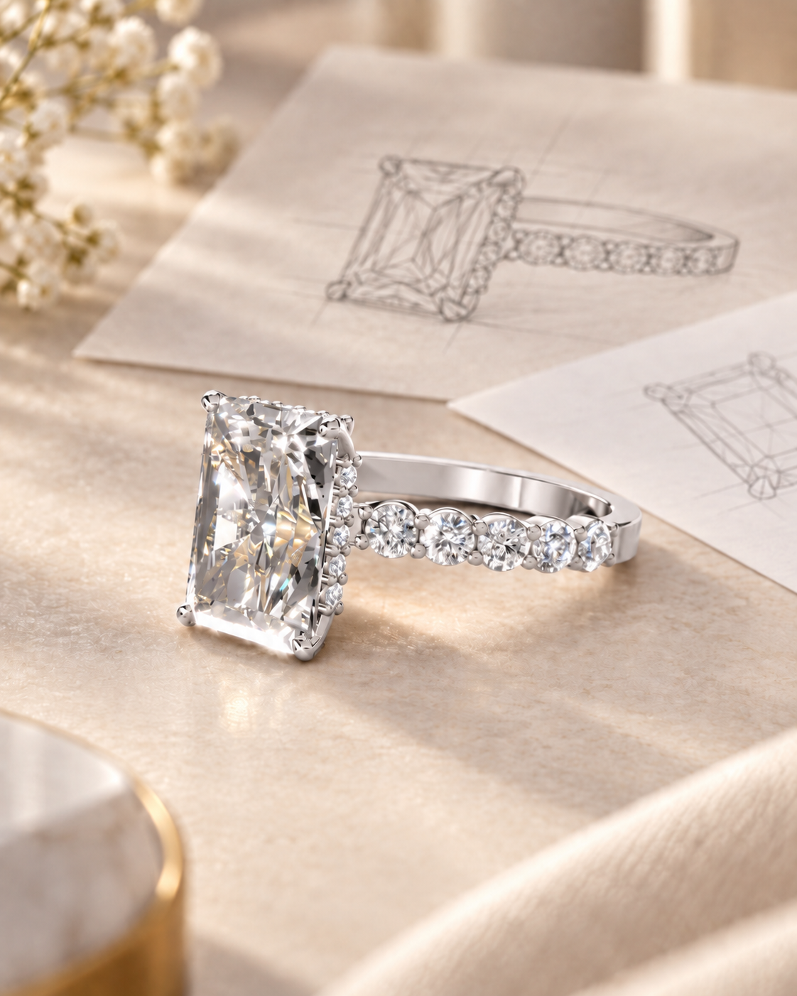 Radiant-cut diamond engagement ring with design sketches at Rudix Jewellery in Hamilton