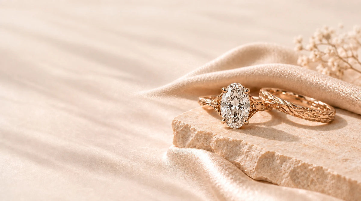 Engraved gold rings on natural matte ivory stone with softly draped champagne fabric