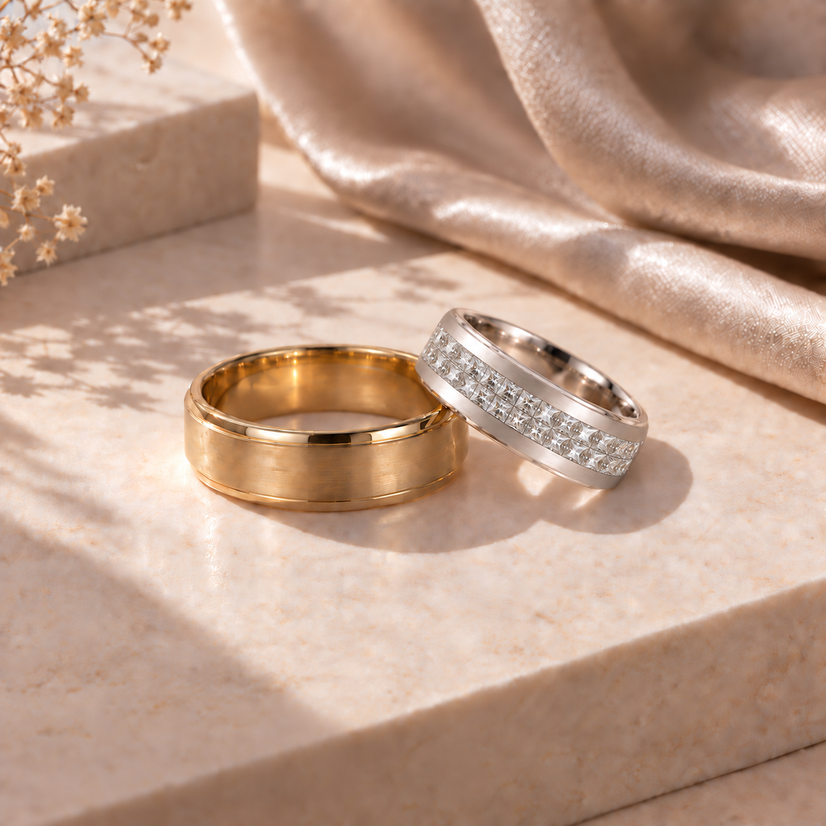 Yellow gold band and white gold band with two rows of princess-cut diamonds
