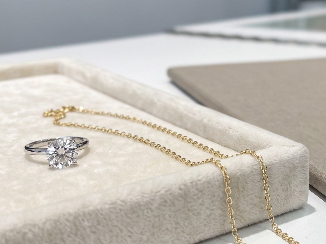 Diamond solitaire ring and gold chain on a cream tray at Rudix Jewellery in Hamilton, ready for arranged professional appraisal.