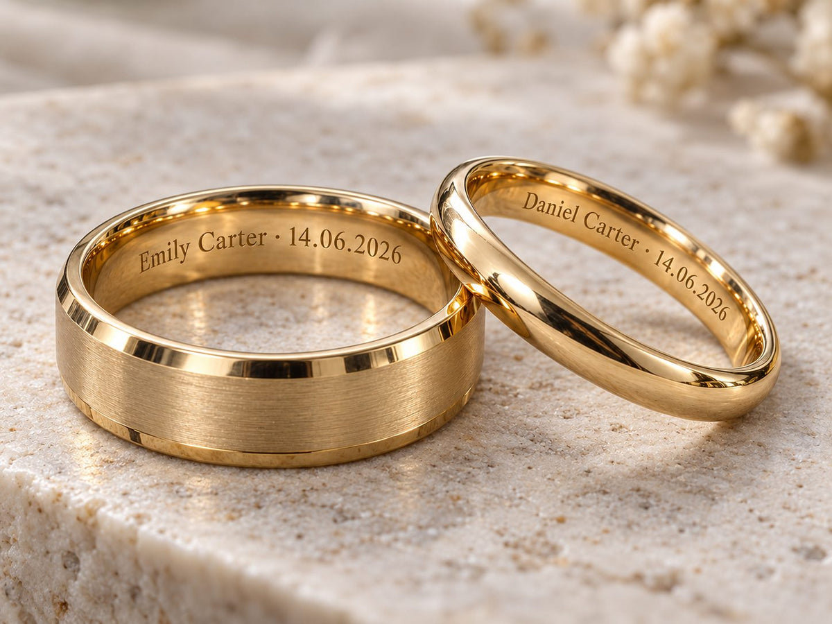Two yellow gold wedding bands with personalized interior engraving on stone — jewellery engraving at Rudix Jewellery in Hamilton