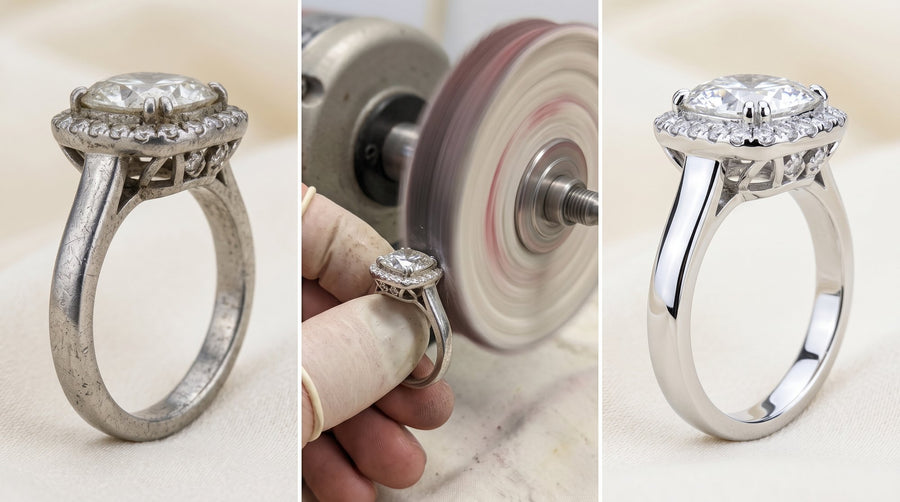 Jewellery polishing before, buffing wheel, and after — diamond ring restored at Rudix Jewellery Hamilton