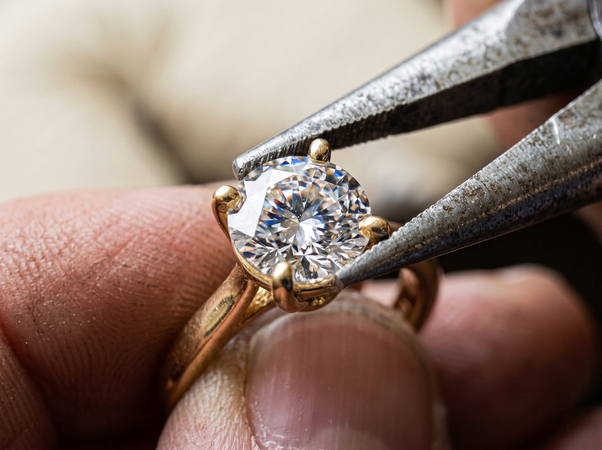 Jewellery repair — pliers tightening prongs on a solitaire engagement ring at Rudix Jewellery Hamilton