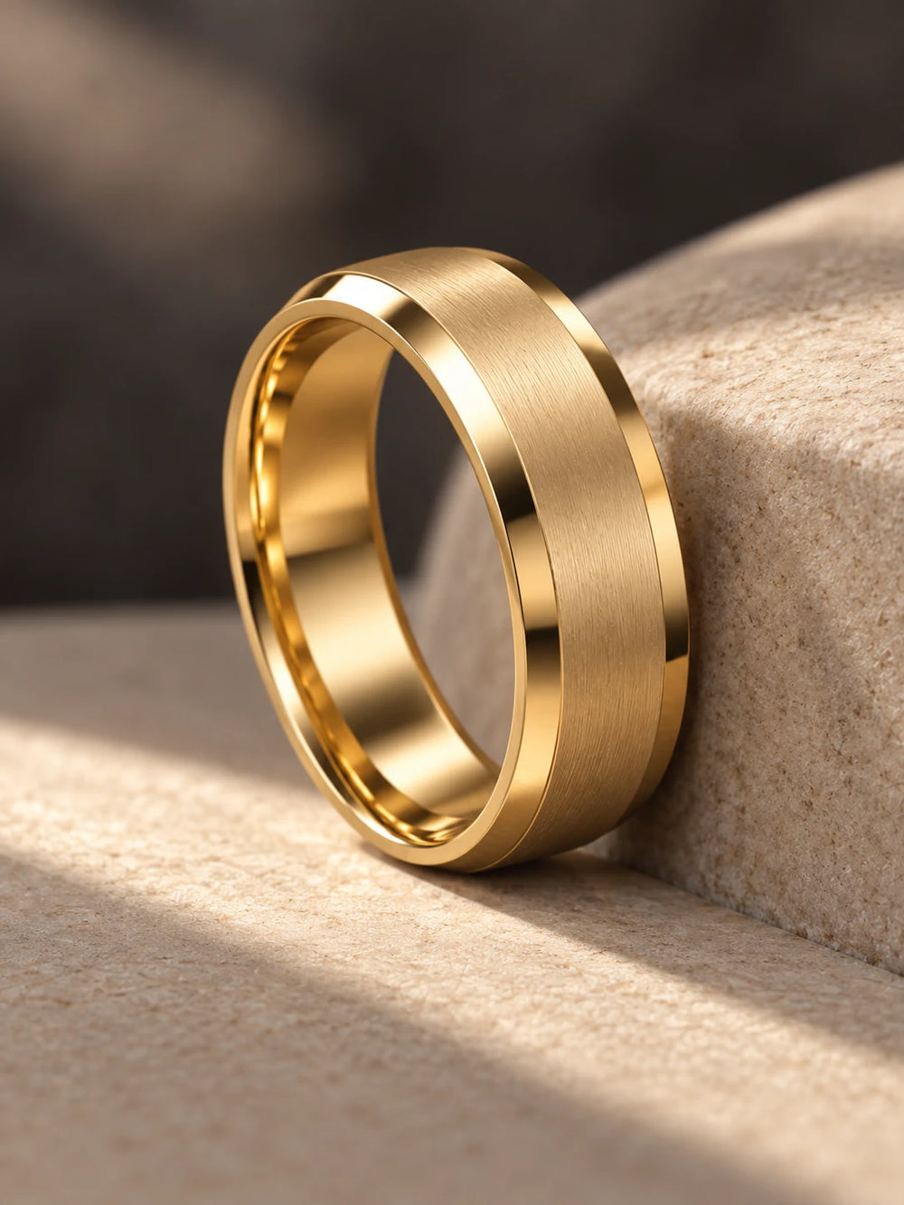 Brushed gold wedding band with polished beveled edges