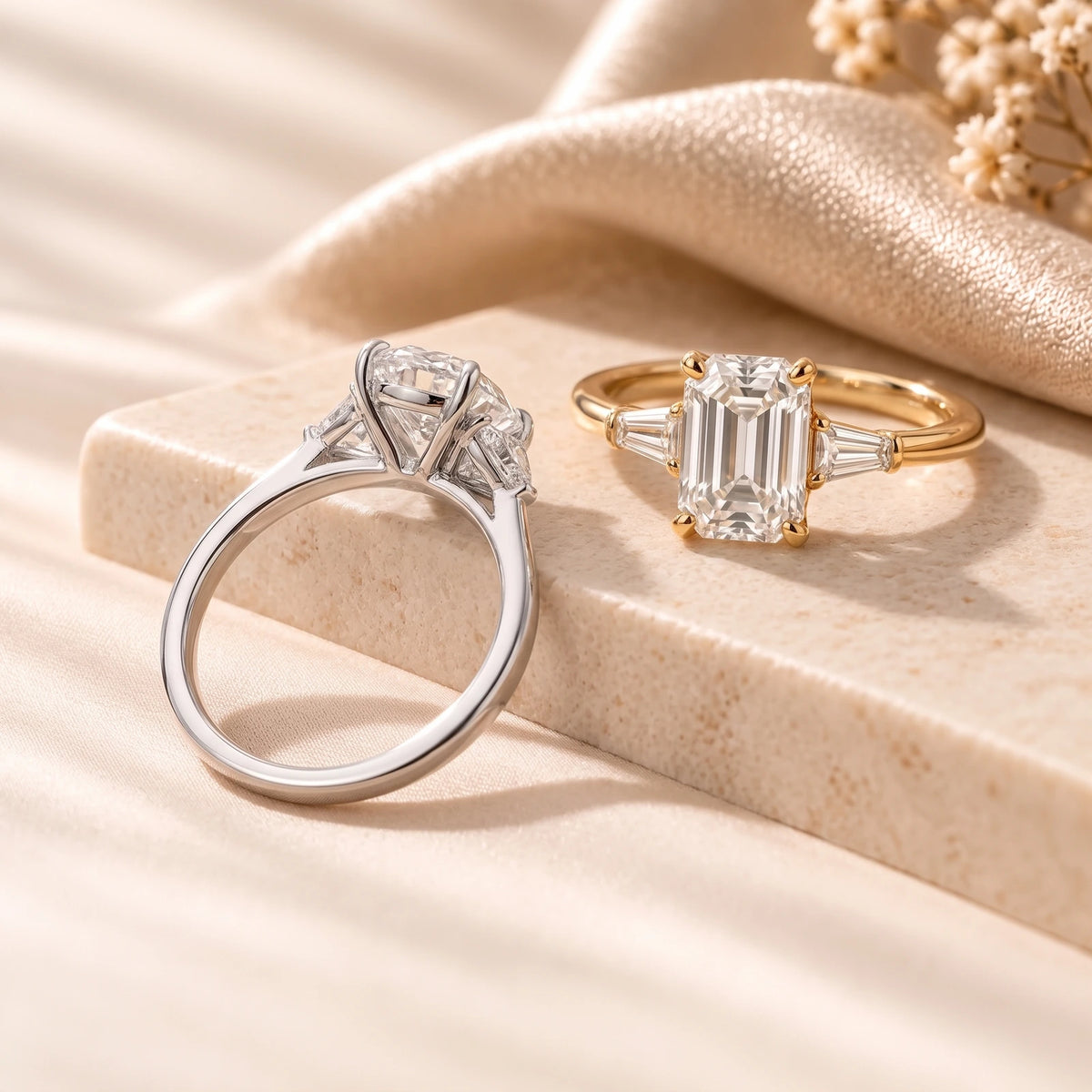 White gold oval diamond engagement ring shown from the side beside a yellow gold emerald-cut diamond ring on ivory stone