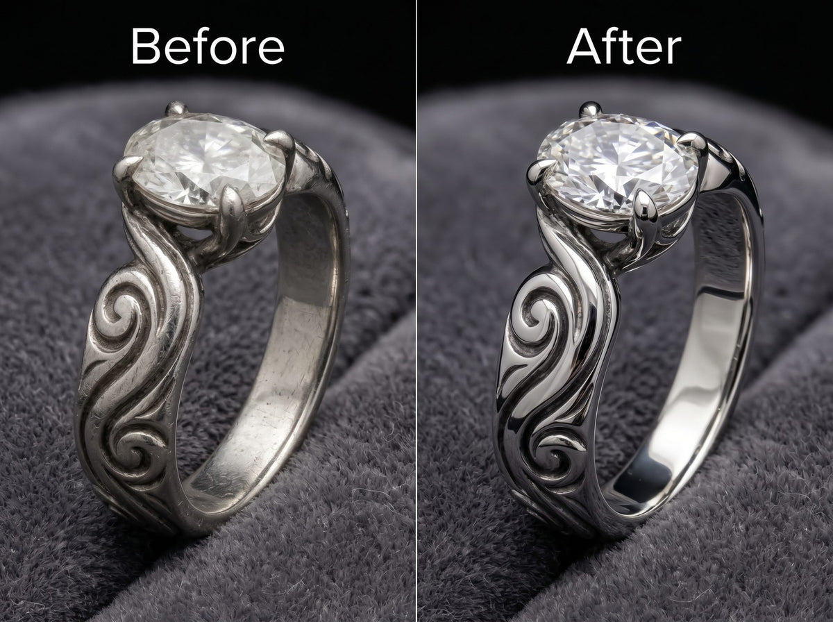Before and after engagement ring polish at Rudix Jewellery on Hamilton Mountain — dull worn ring beside cleaned and polished like-new result