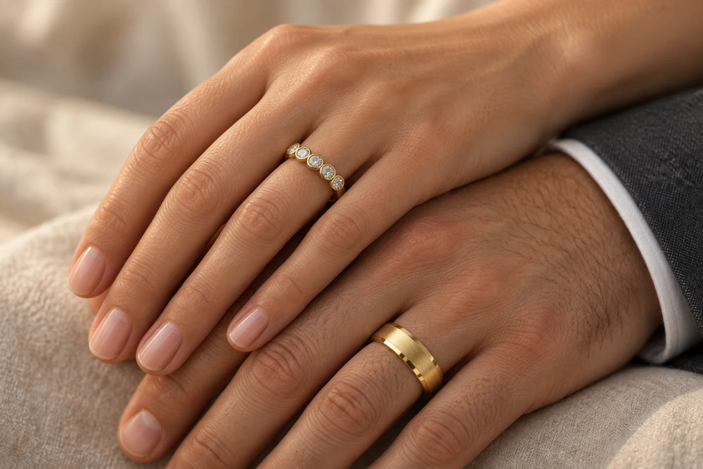 Couple's hands resting together wearing gold wedding bands