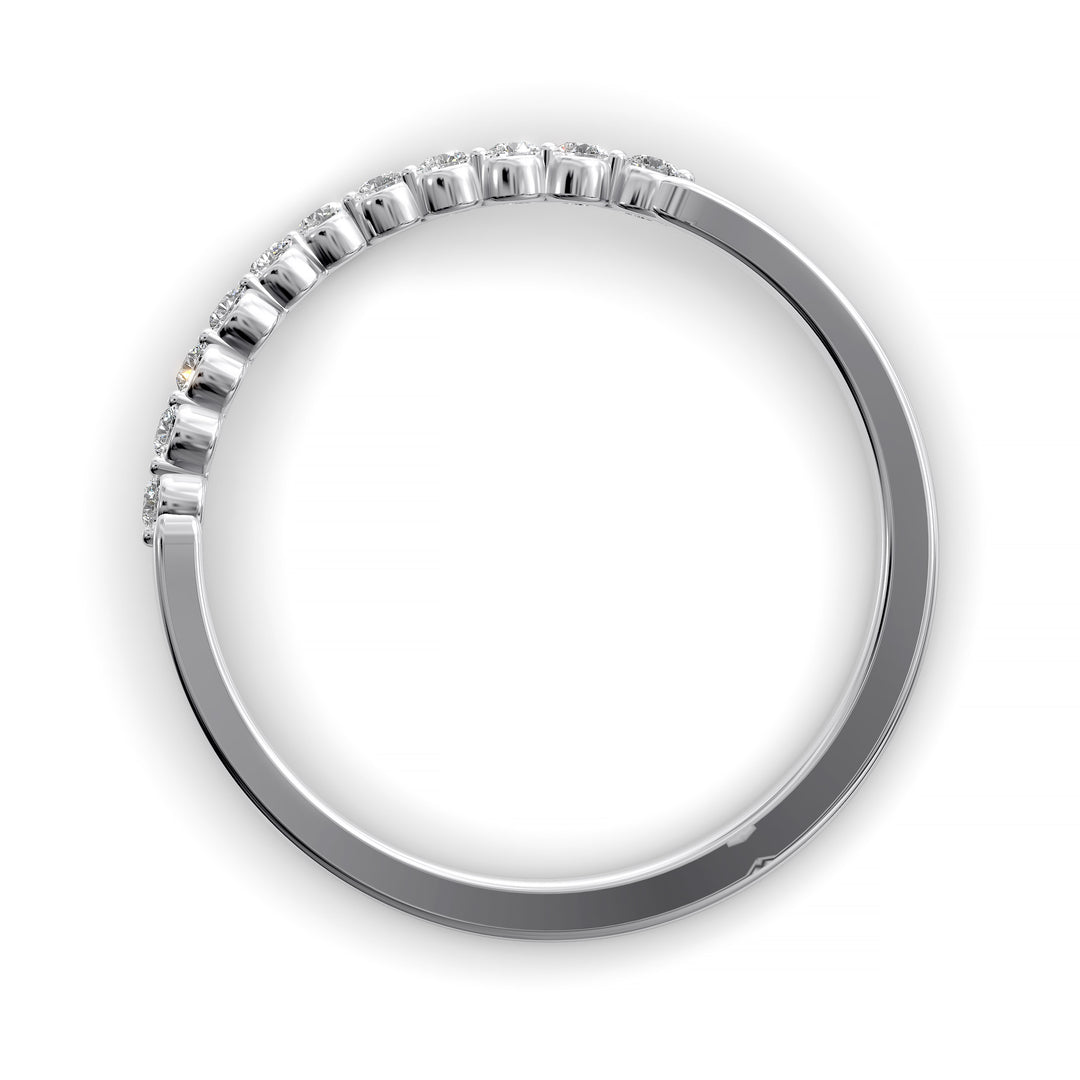 V-shaped gold wedding band with shared prong floating diamonds