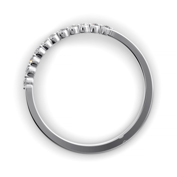 V-shaped gold wedding band with shared prong floating diamonds