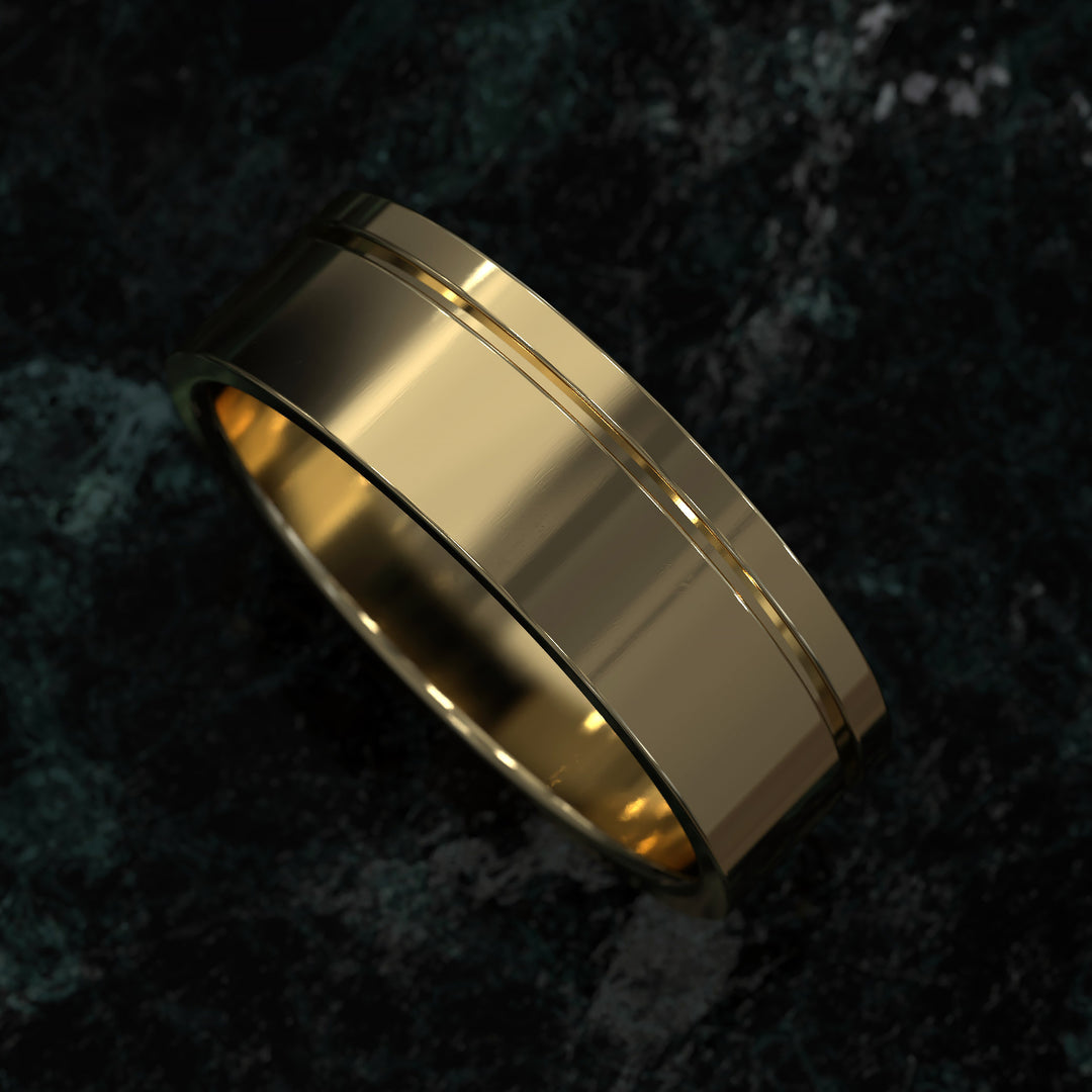 flat profile men’s wedding band with single polished edge design