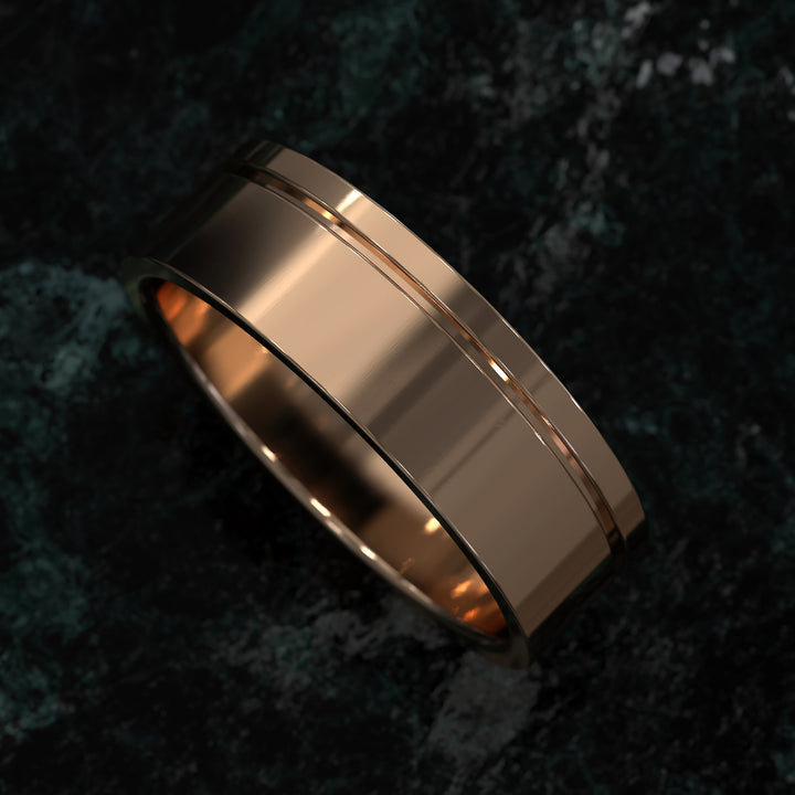 flat profile men’s wedding band with single polished edge design