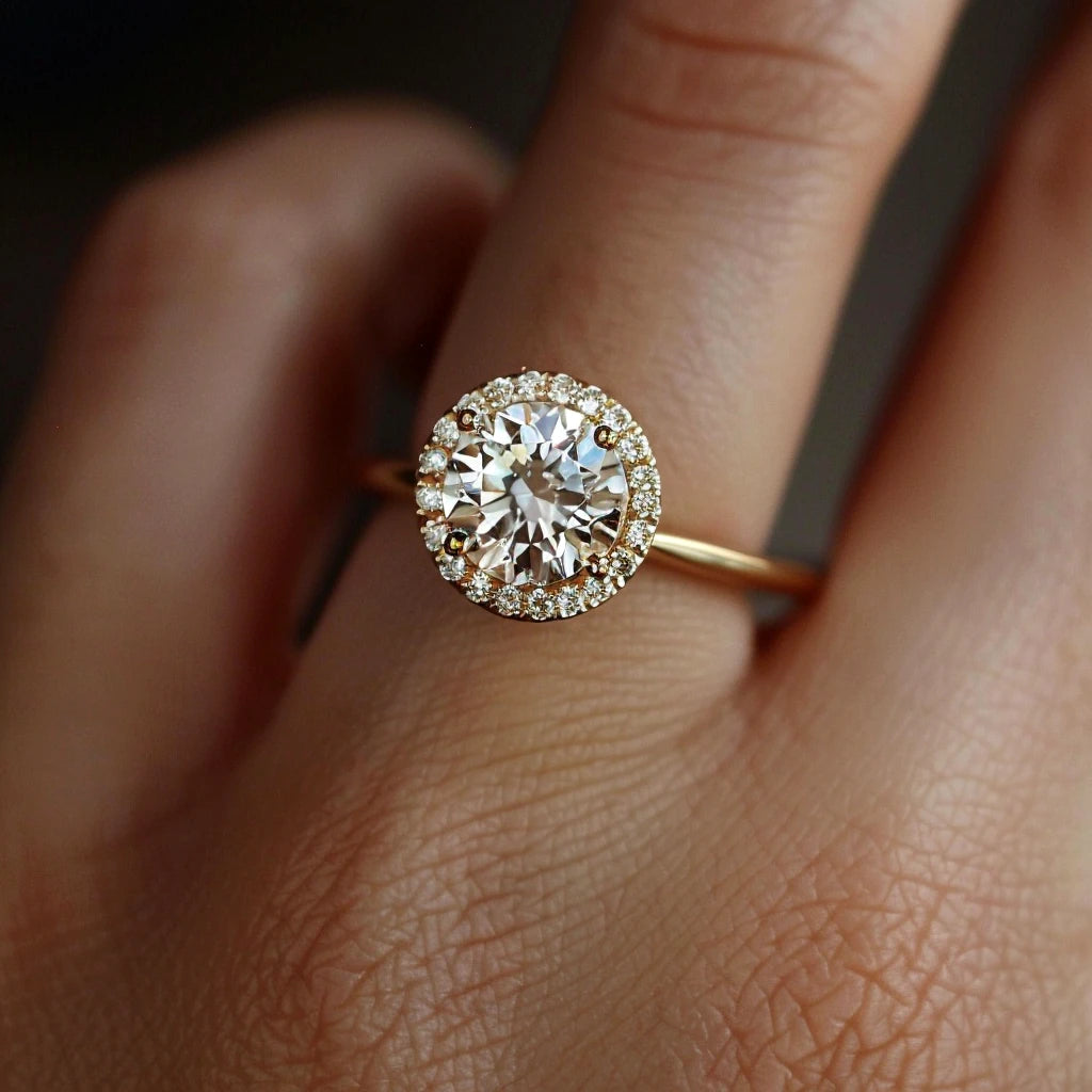 A close-up of a halo engagement ring with a large central diamond surrounded by smaller diamonds set in yellow gold, worn on a finger.